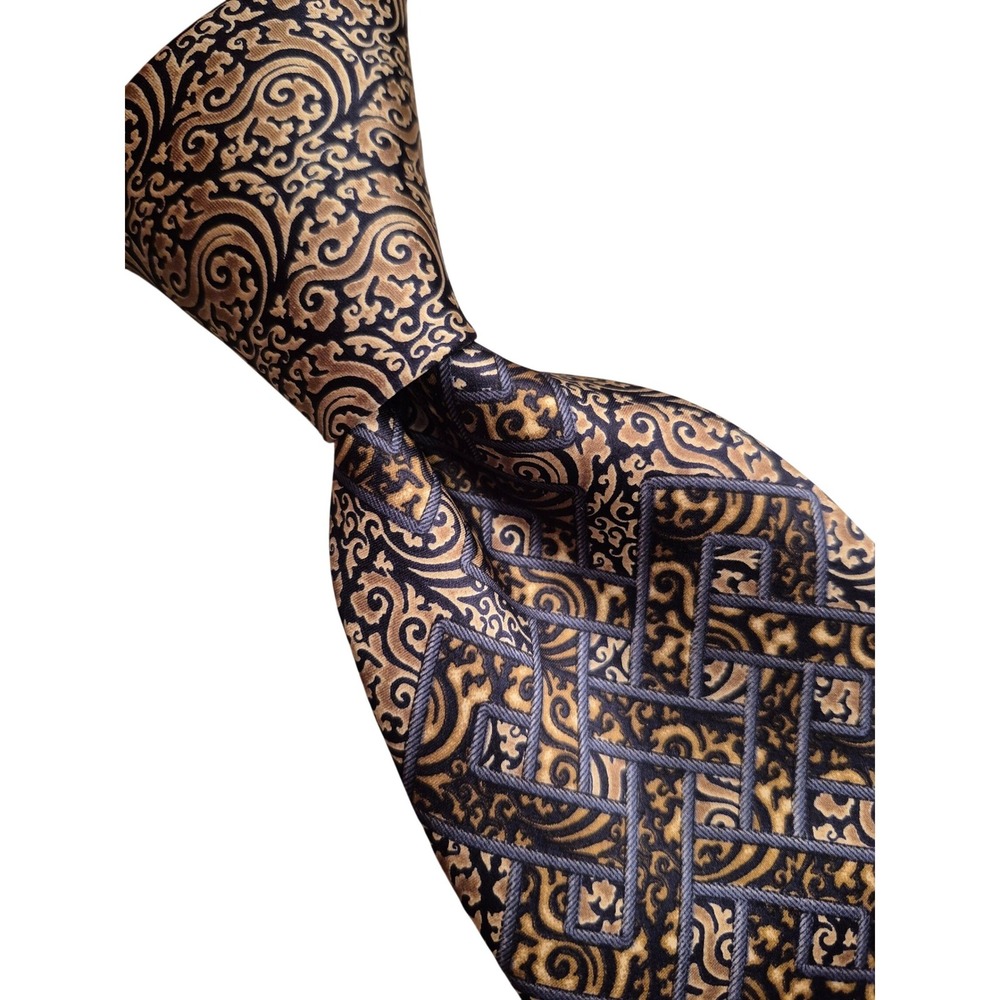Gianfranco Ferre Mens Silk Tie Gold Navy Geometric Scrollwork Made in Italy